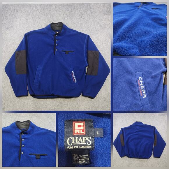 VTG Chaps Ralph Lauren Pullover Mens Large Blue Fleece Snap Elbow Patch Jacket - Picture 1 of 16